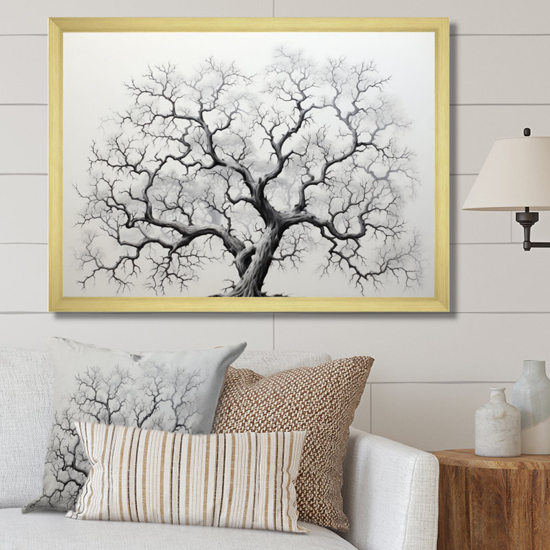 «Minimalisme gris arbre solitude II», reproduction sur toile, H 24 po x l 32 po x P 1 po, Encadrement doré