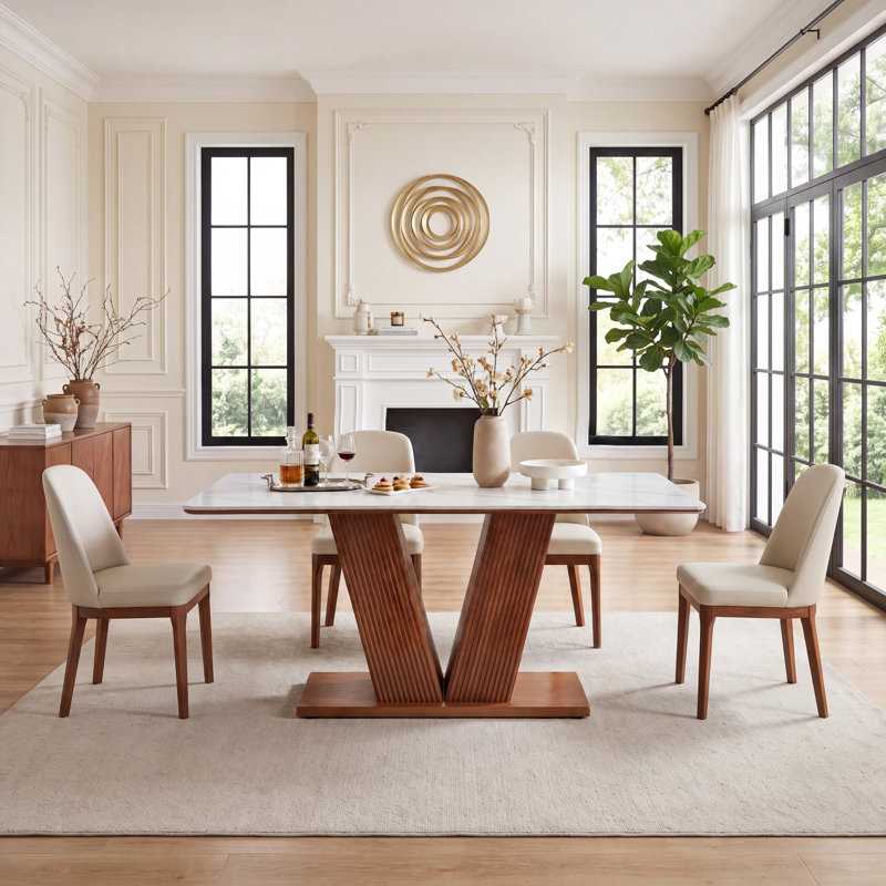 63" Rectangular Sintered Stone Dining Table with Fluted Solid Wood Base