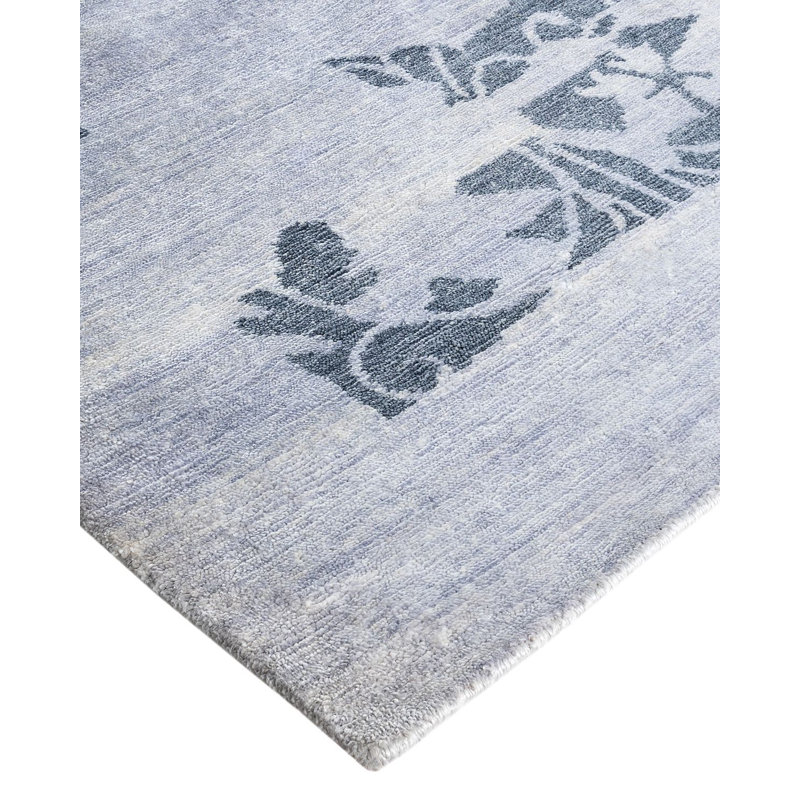 Ivory and Blue Hand-Knotted Silk Area Rug, 9' 3" x 12' 2"