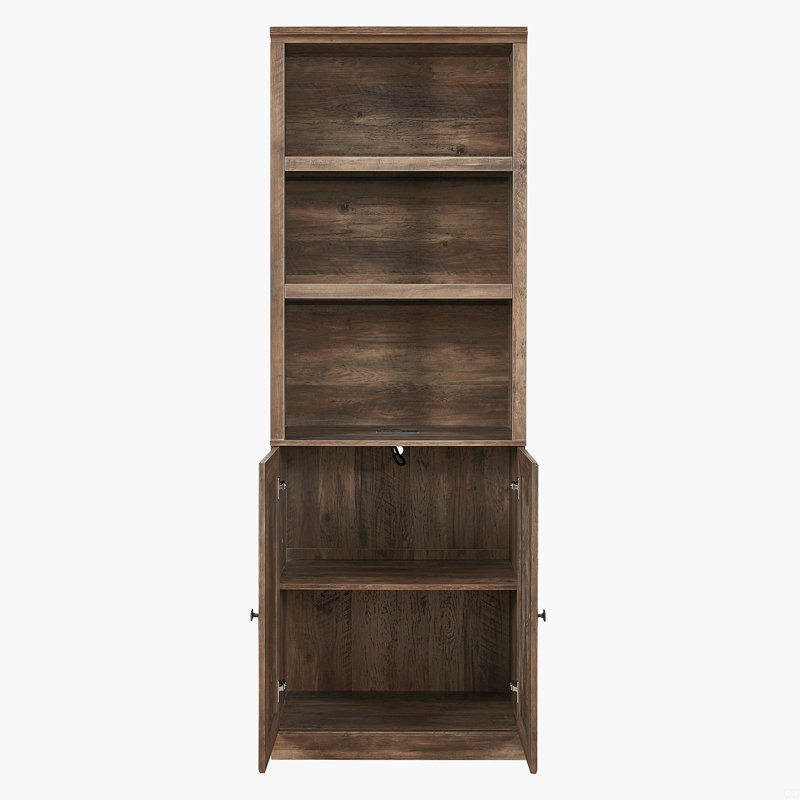 1 Doors Bookshelf With USB Port And 3 Open Shelves Bookcase Side Cabinet Storage Shelves, Brown