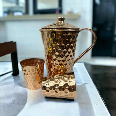 Ambiente Mexican Copper Crafts 3 - Piece Pitcher Set - Pure Copper Glasses- Copper Cups for Drinking.