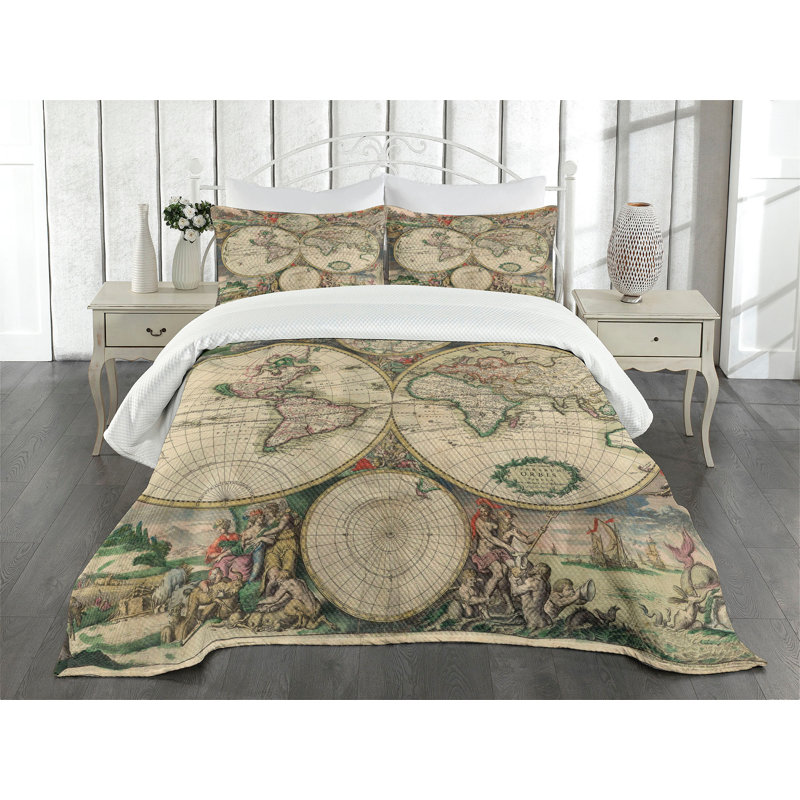 Ambesonne World Map Bedspread Antique, King Bedspread + 2 Standard Shams