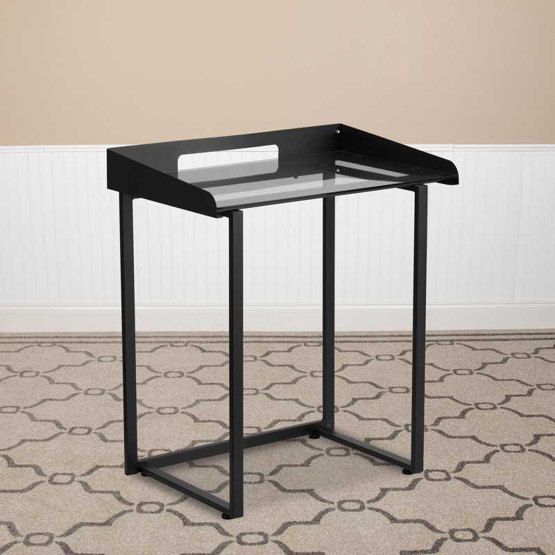 Bureau en verre trempé transparent Maribeth avec bordure de gestion des câbles surélevée et structure en métal