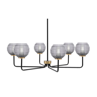 Lustre 6 lumières Amarmula, noir mat et finition laiton nouvel âge, verre fumé 6 po