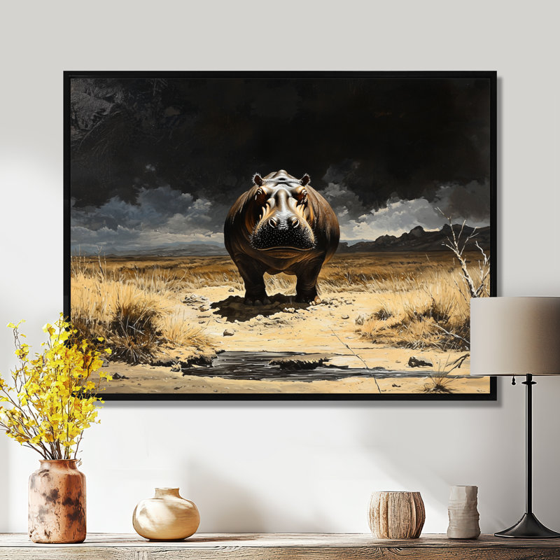 Reproduction sur toile d'un hippopotame, H 34 po x l 44 po, Impression dans un cadre flottant sans passe-parto, Noir