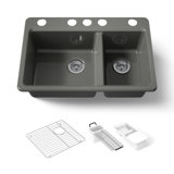 Riverby® 33" x 22" x 9.625" Under-Mount Double-Equal Kitchen Sink with Accessories and 5 Oversized Faucet Holes