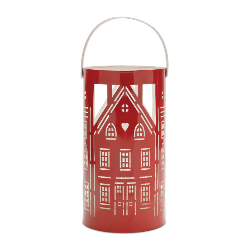 Lanterne de maison en métal perforé, H 6,5 po x l 5 po x P 5 po, Rouge