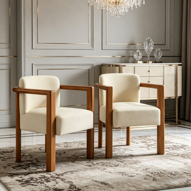 Fauteuil rembourré en tissu avec structure en bois d'hévéa noyer