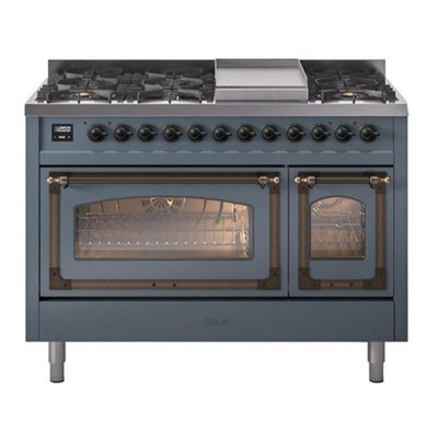 Cuisinière à double combustible 48 pouces avec 8 brûleurs scellés et plaque chauffante (porte vitrée) ILVE Nostalgie II Series Noblesse