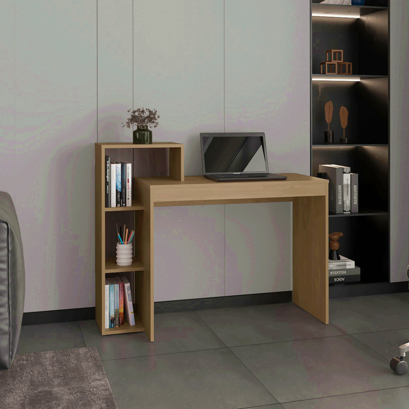 43" Wide Four Shelves Writting Desk, Home Office, Living Room, Gamer Desk Natural Oak, Brown