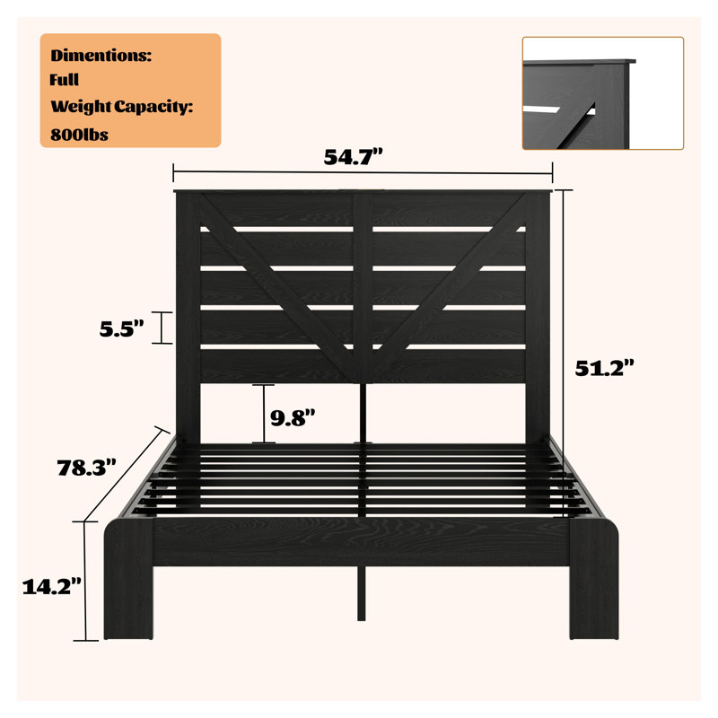 Structure de lit plateforme pleine grandeur avec tête de lit - Conception robuste en bois et en métal, support silencieux, aucun sommier tapissier requis