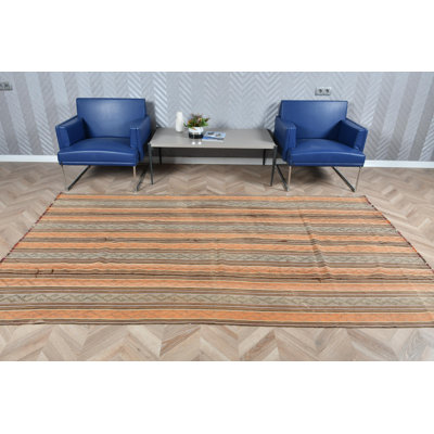 Large Striped Turkish Kilim Wool Rug With Vintage Anatolian Features Ideal For Salon Use in Vibrant Orange Color