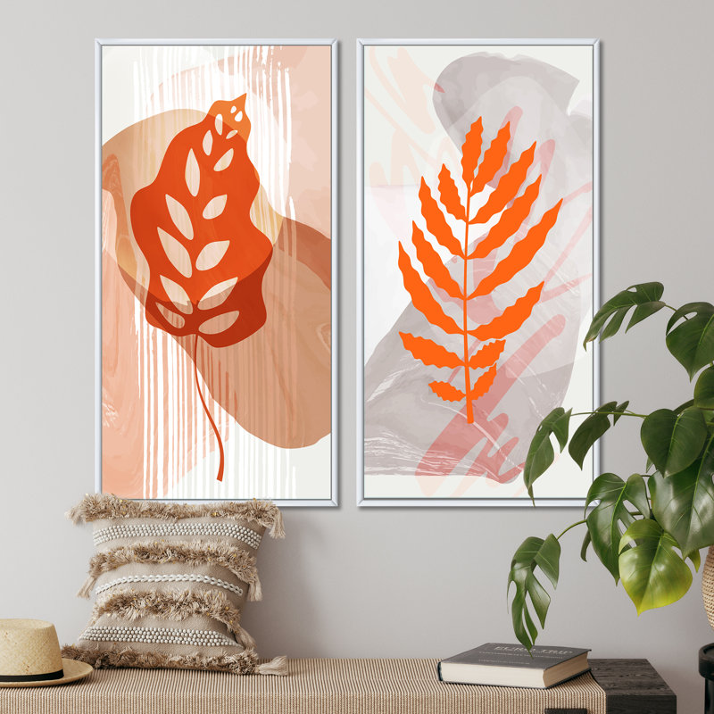 «Trendy of Minimalist Tropical Leaves I», ensemble de 2 peintures, H 32 po x l 32 po x P 1 po, Cadre blanc