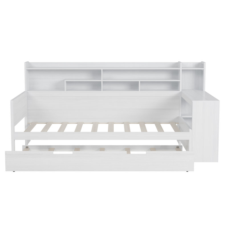 Wooden Twin Size Daybed with Storage Shelves, Multi-functional Bed with Twin Size Trundle Bed and  Study Desk, White