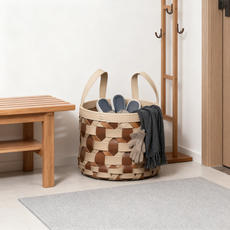 1Pcs,Handwoven Leather Laundry Basket - Stylish Storage Organizer With Durable Stitching And Trendy Color Block Design, Multi-Functional As A Fashionable Carryall