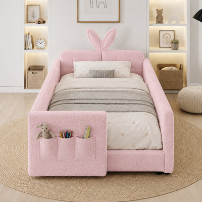 Cozy Modern Upholstered Single Platform Bed with Rabbit Ear Inspired Headboard Safety Rail Side Pocket and Boucle Fabric for Bedroom