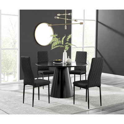 Edward Statement Pedestal Dining Table Set with 4 Luxury Faux Leather Upholstered Dining Chairs