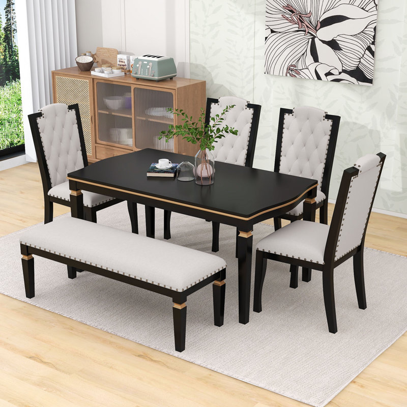 Luxury 6-Person Dining Table Set with Comfortable Upholstered Seating, Black
