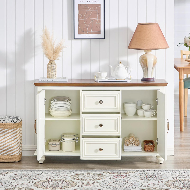 Buffet 47,3 "Mid Century Modern Buffet avec rangement, armoire de rangement en bois avec 2 portes et 3 tiroirs pour la cuisine, le vestibule, la console décorative, brun et blanc
