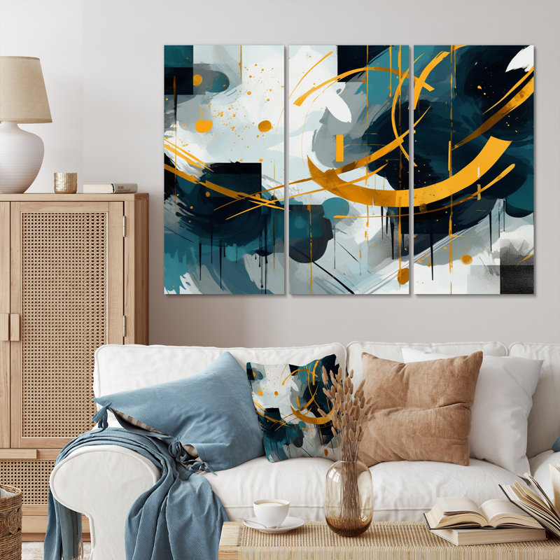Gold Teal Shapes in Harmony - 3 pièces sur toile tendue, H 28 po x l 36 po x P 1 po