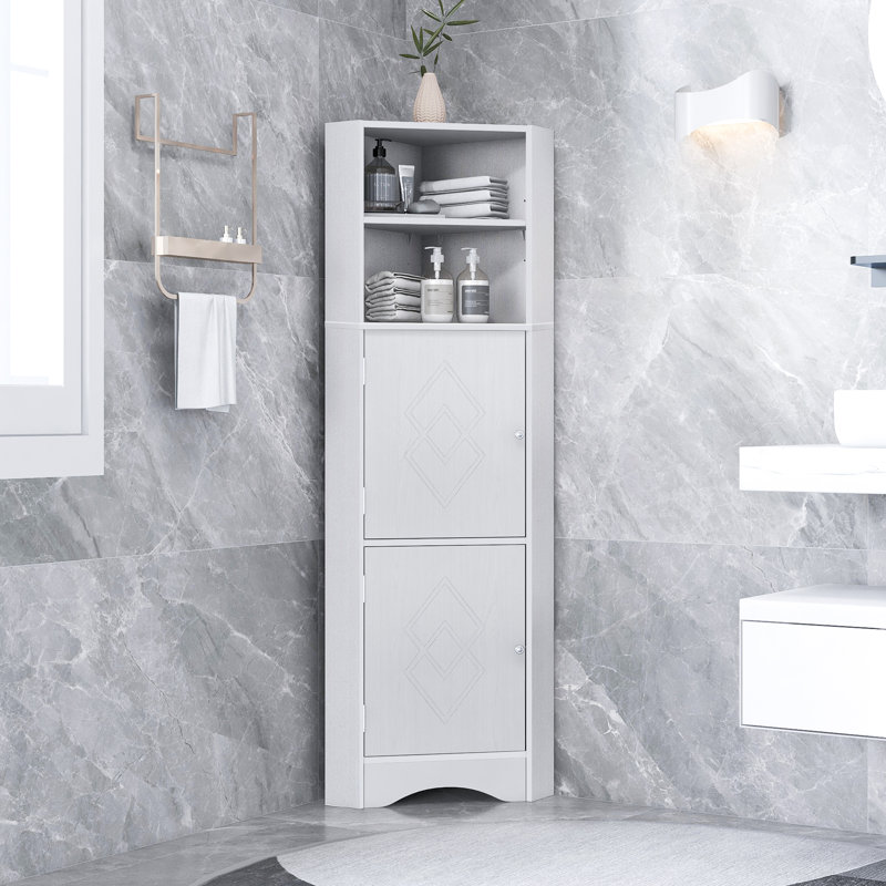Armoire de coin pour salle de bain de 61,02 po de hauteur avec portes et tablettes réglables, Blanc