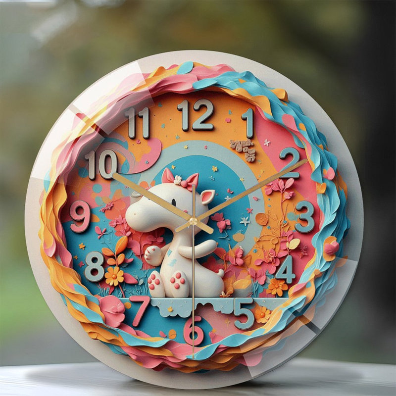 Horloge murale mignonne licorne avec art floral - horloge murale moderne en verre 12 po