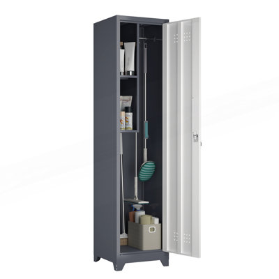 Metal Storage Cabinet, Narrow Broom Cabinet With Hooks, Slim Bathroom Storage Cabinet With Shelves