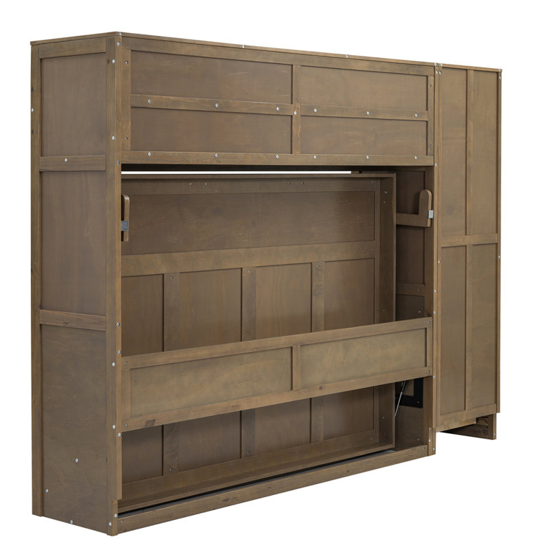 Lit escamotable pleine grandeur avec garde-robe, tiroirs et tablettes ouvertes, bois antique