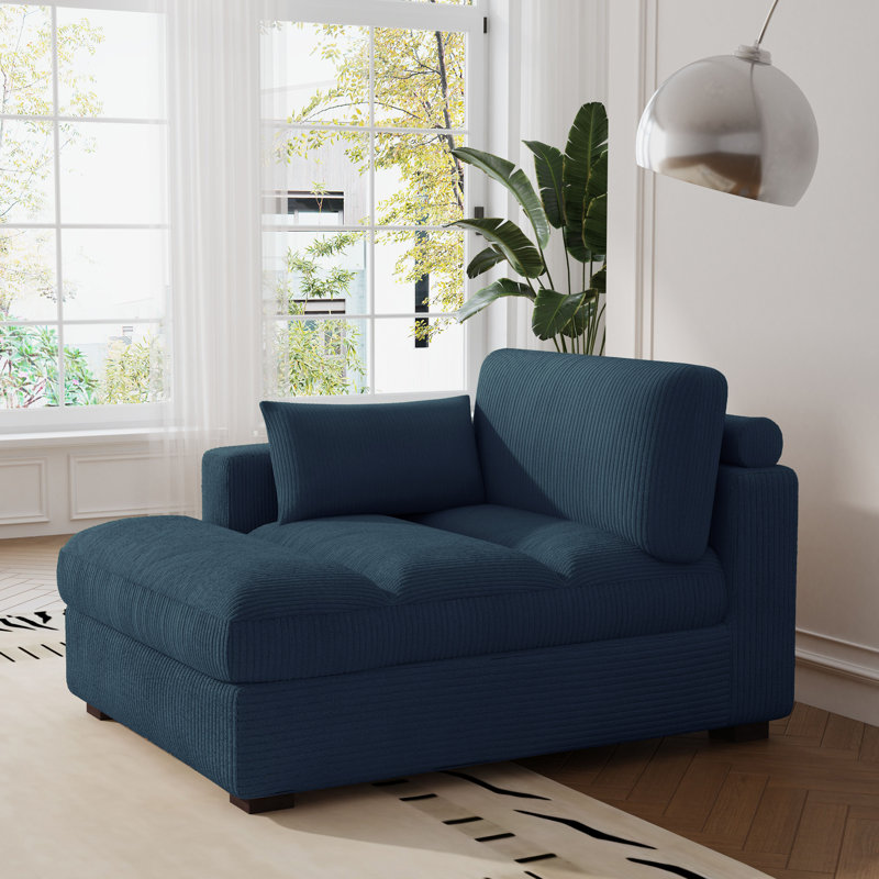 Bentura Oversized Upholstered Navy Corduroy Chaise Lounge with Armrests & Throw Pillows, Left Hand Facing, Navy Corduroy