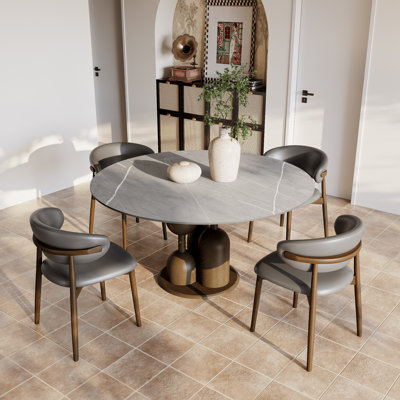 Zenith 5/7/9 Piece Sintered Stone Round Dining Set, Stacked Sphere Pedestal Base With Crescent Chairs