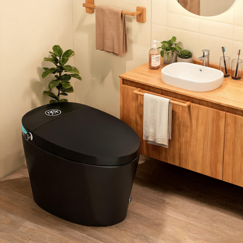 Toilettes intelligentes en porcelaine noire de 68,5 cm (27 pouces) avec bidet intégré, siège chauffant, repose-pieds, sèche-eau chaude, veilleuse, chasse d'eau automatique et télécommande.