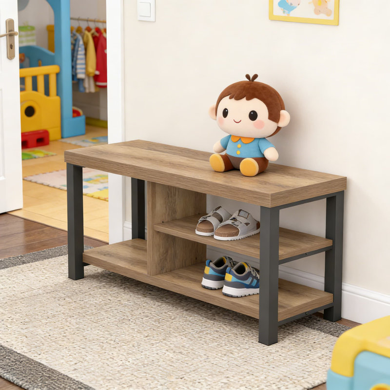 Banc de rangement pour chaussures avec sièges, banc d'entrée industriel pour le couloir, le salon et la chambre à coucher, finition chêne rustique avec cadre en métal noir, range-chaussures de 43,3 pouces et porte-chaussures