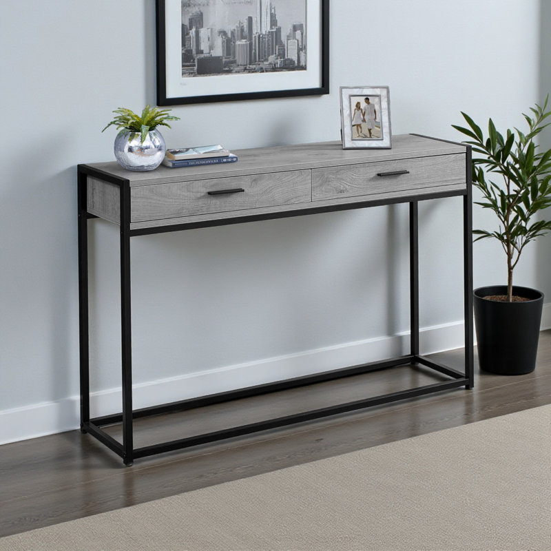 Hawley 2-Drawer Gray Finish Accent Table With Black Metal Leg, 31.71" H X 47.74" W X 11.78" D