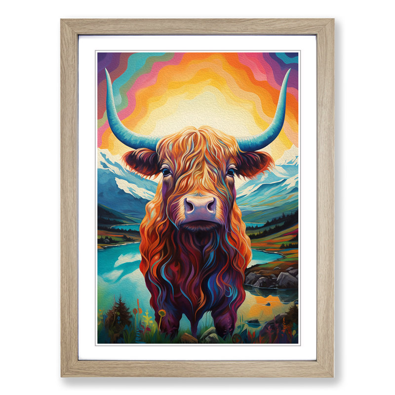 Highland Cow Futurism No.2 - Framed Print, 64cm H x 46cm W x 2cm D, Oak