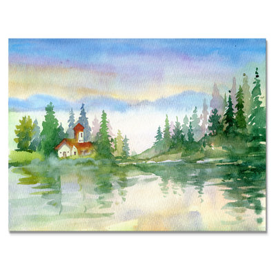 Paysage de rivière d'été avec arbres verts - Peinture sur toile