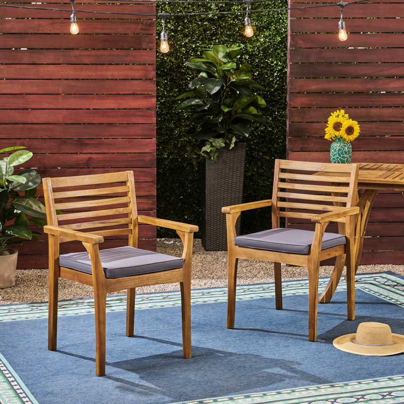 2Pcs Dining Chair - Elegant Design, Wood, Dark Grey Cushion For Patio Curve And Straight Edge
