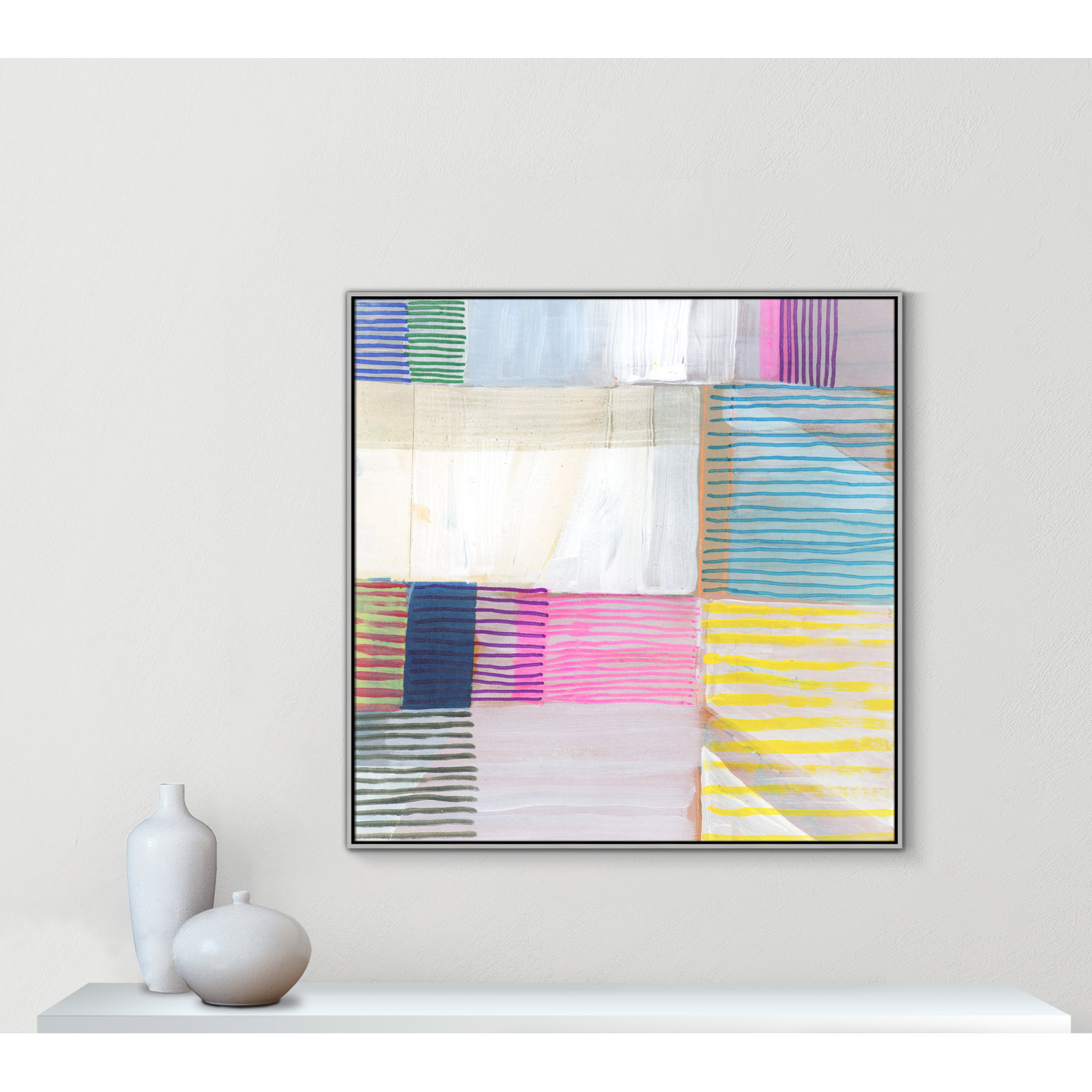Bright Net III by Cartissi - Floater Frame Painting on Canvas, 46.5" H x 46.5" W x 2" D, Silver Framed