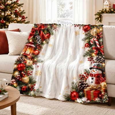 Couverture polaire douillette bonhomme de neige pour Noël, idéale pour décorer un canapé, un lit, une chambre ou un salon.