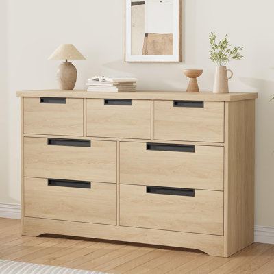 Commode de chambre 7 tiroirs moderne naturelle | Coffre en bois avec poignées intégrées | Organisateur pour le salon, la chambre de bébé et le couloir