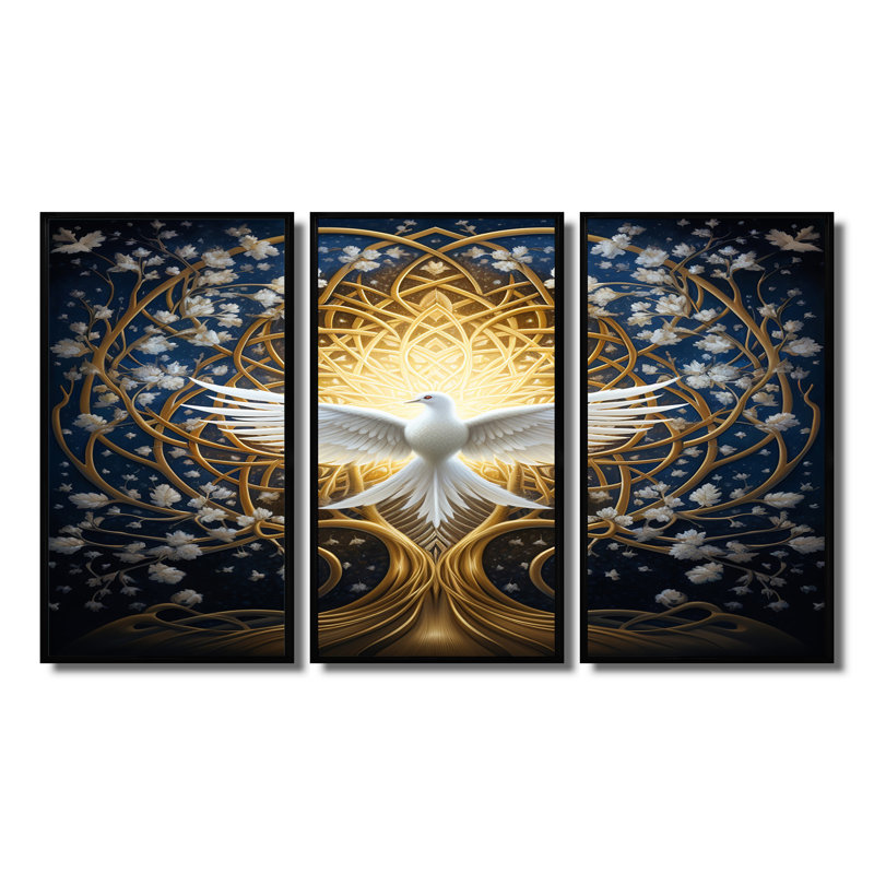 «Celestial Dove Bringing Peace» - ensemble d'art mural colombe, Cadre flottant noir, H 40 po x l 60 po x P 1 po