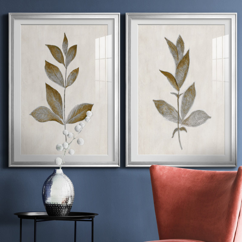 Bronze Leaf I - ensemble de 2 reproductions, Impression encadrée avec passe-partout, H 22,5 po x l 61 po, Argent argent