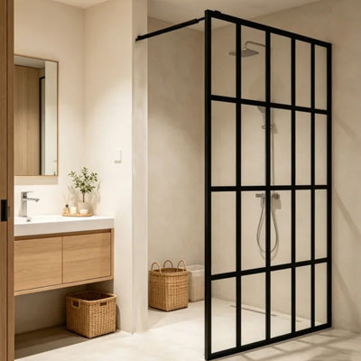 46 × 72 Inch Doorless Walk-In Shower Screen, Black Grid Aluminum Full Frame Wetroom Shower Divider, 4-Pack Safety Tempered Glass Panels, Fixed Shower Panel for Modern Bathroom Remodel