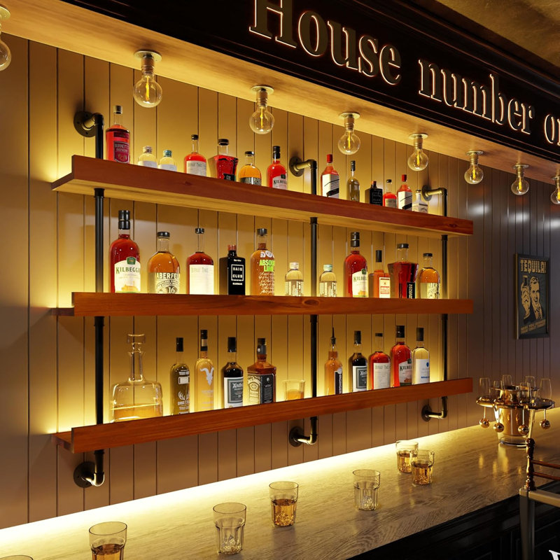 Support à vin mural avec lumière DEL, étagère à vin industrielle à DEL, porte-bouteilles suspendu à 3 niveaux, tablette de rangement de bar pour bouteilles (brun noyer, 60 po)