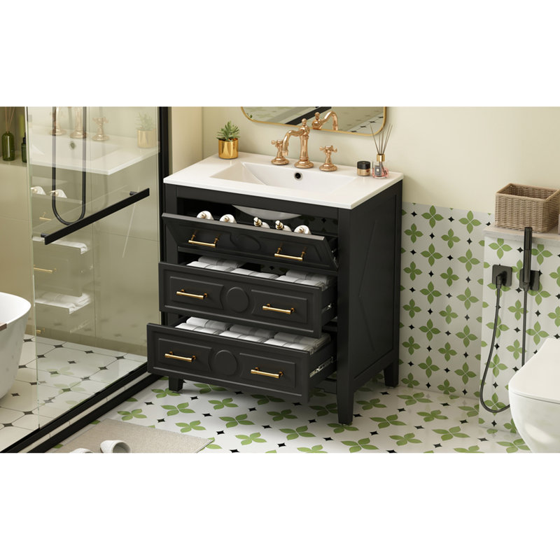 Meuble-lavabo de salle de bain en céramique, meuble-lavabo de 30 po, structure en bois massif, panneau de haute qualité, poignée en métal doré, style rétro, solution de rangement polyvalente, avec lavabo, 3 tiroirs, charnières réglables à fermeture en douceur,