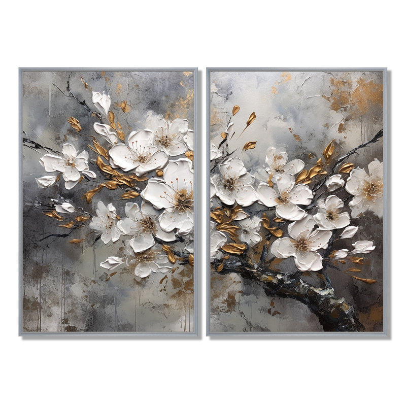 «White Grey Cherry Blossum Harmony I», reproductions d'art traditionnel sur toile, H 36 po x l 48 po, Argent argent