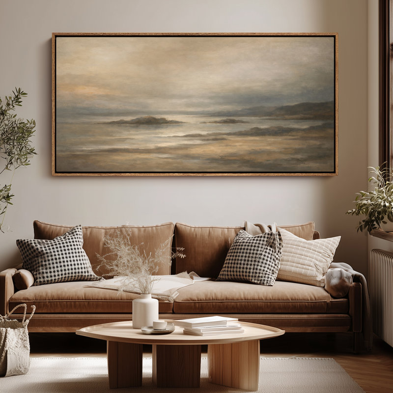 "Calm Coastal Shore" avec voiliers et horizon doux, art mural encadré, H 30 po x l 60 po, Naturel