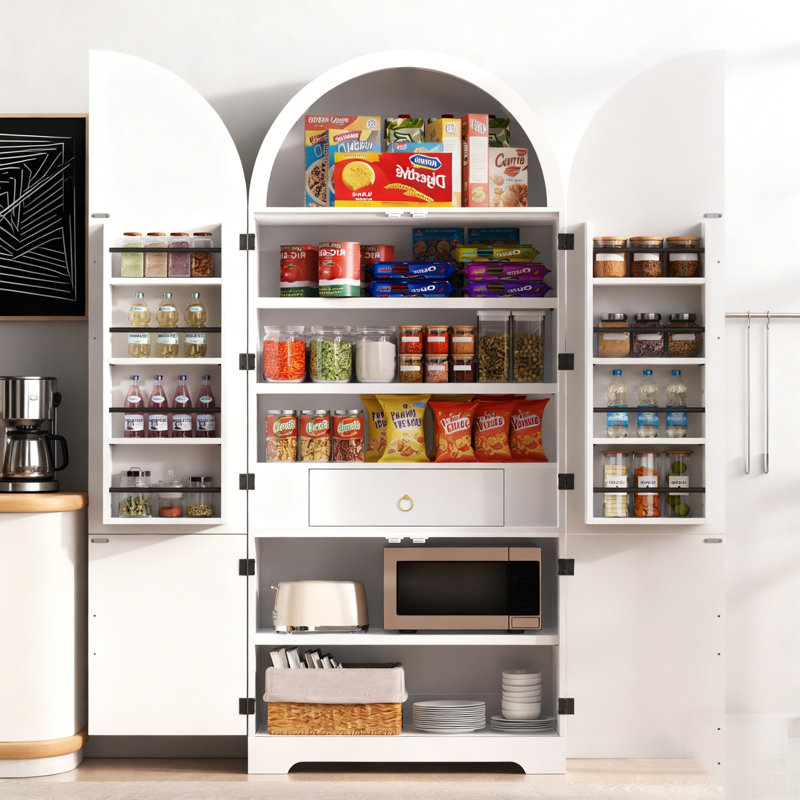 Grand garde-manger arqué avec 8 tablettes de porte, conception cannelée, 3 tablettes réglables et tiroir caché pour un rangement polyvalent