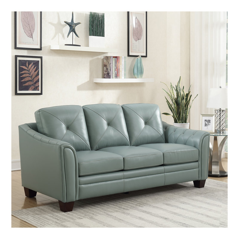 Modern Tufted Leather Sofa, Seafoam