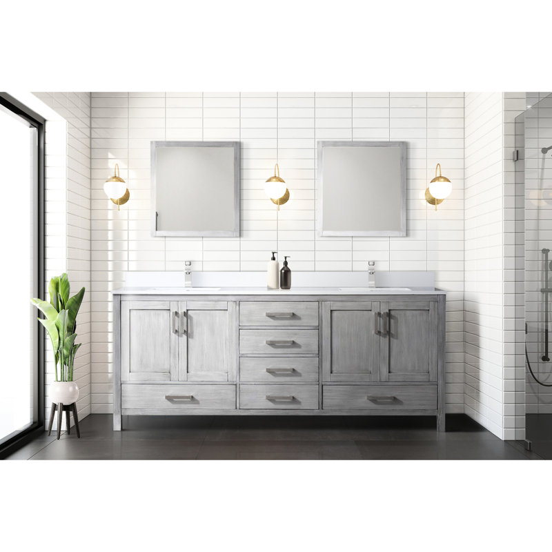 80 po L x P 22 po. Meuble-lavabo gris patiné pour la salle de bain - comptoir en quartz blanc, structure en bois massif, fermeture en douceur, égratignure et teinture, grand espace de rangement avec 2 armoires, tablette ouverte à 6 tiroirs, pré-percé