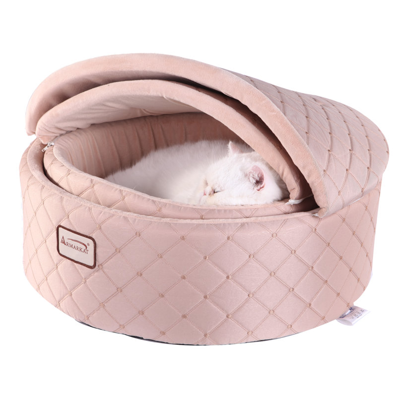 Medium Light Apricot Velvet Cat Bed with Hood
